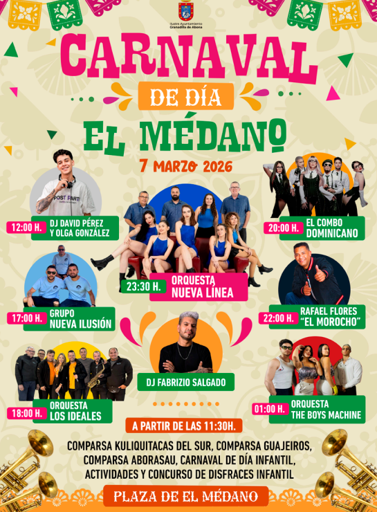 Danzatori di comparsa che sfilano attraverso El Médano durante il Carnevale di Granadilla de Abona 2026