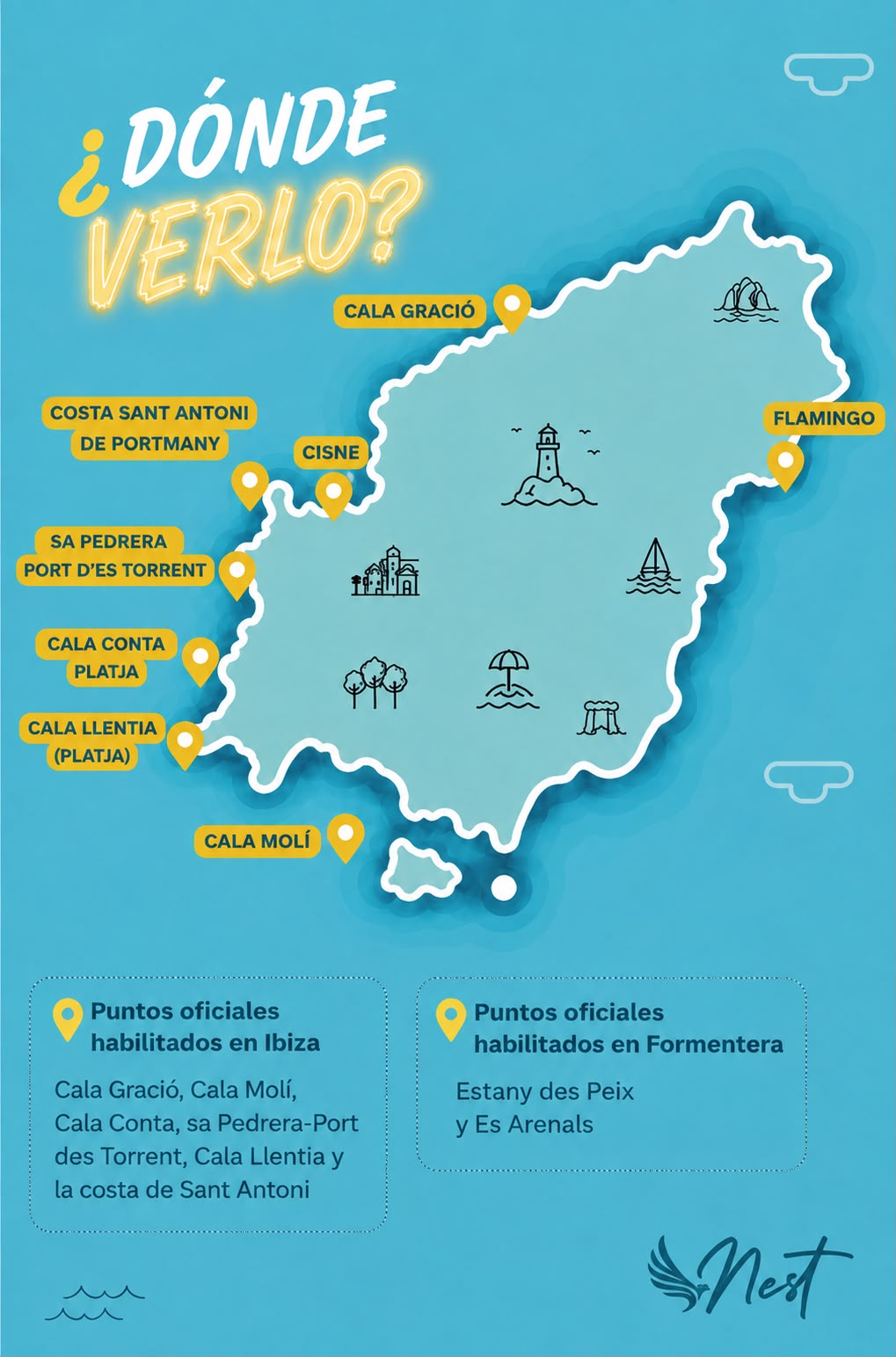 Mapa de los puntos oficiales para ver el eclipse solar en Ibiza y Formentera, con los hostels Cisne y Flamingo