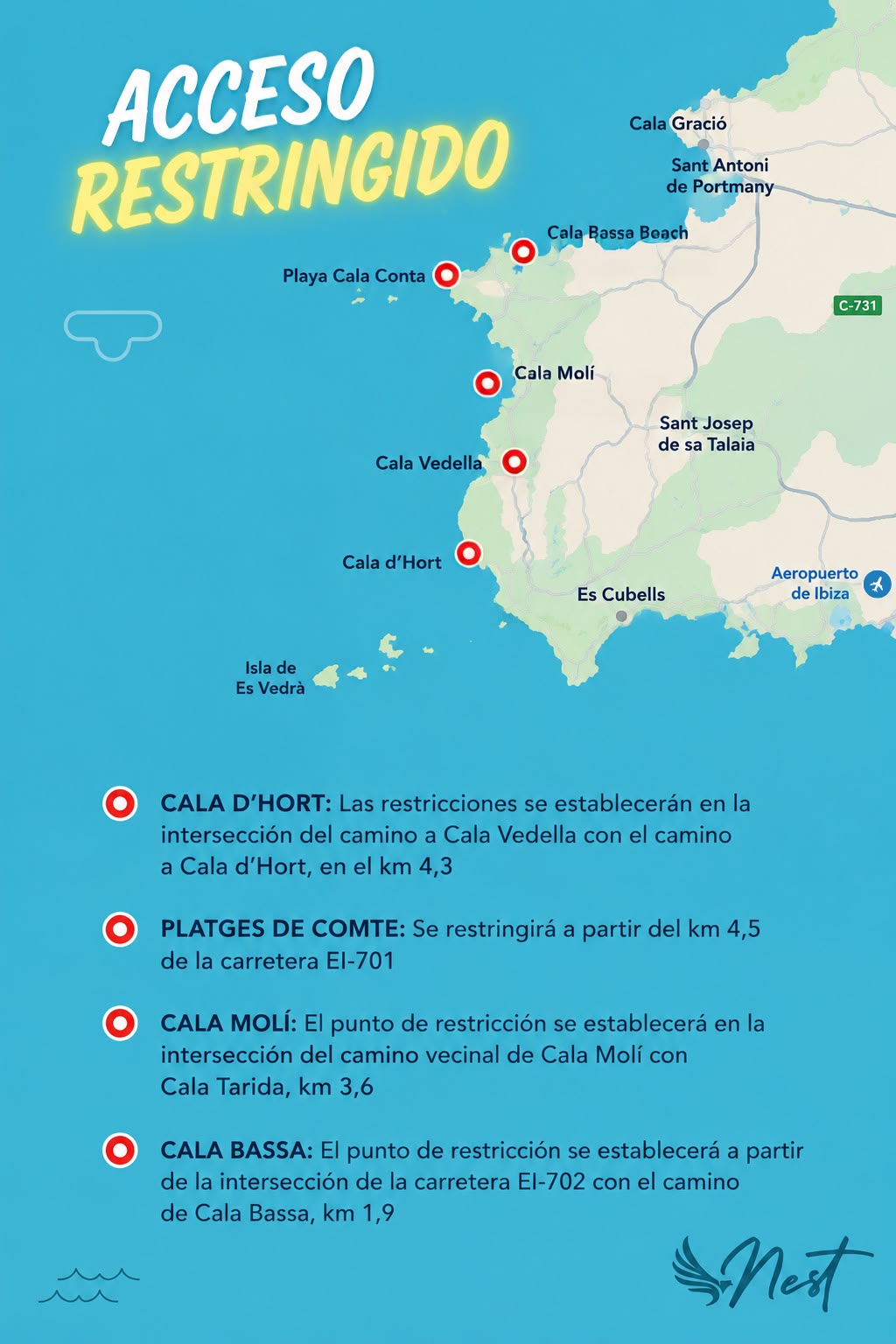 Mapa de acceso restringido a las calas del oeste de Ibiza durante el eclipse del 12 de agosto de 2026