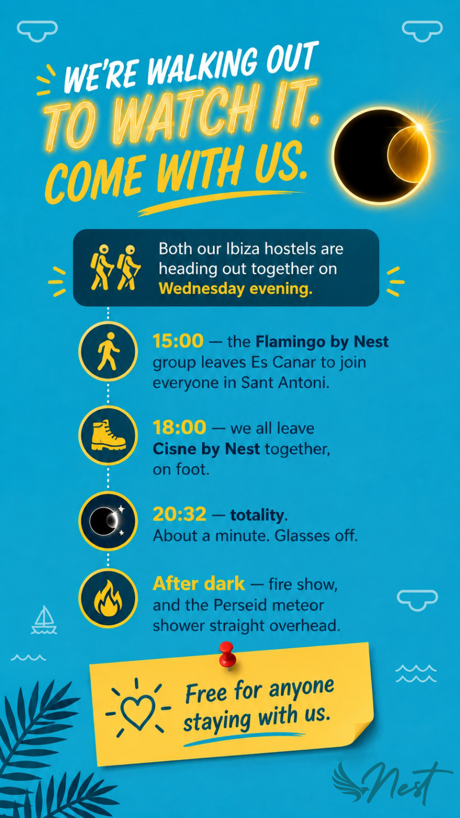 Nests Hostels poster for the 12 August 2026 eclipse walk in Ibiza, showing the route out from Sant Antoni
