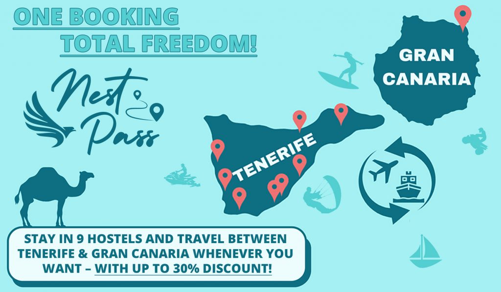 Stay in 9 hostels and travel between Tenerife & Gran Canaria whenever you want – with up to 30% discount!